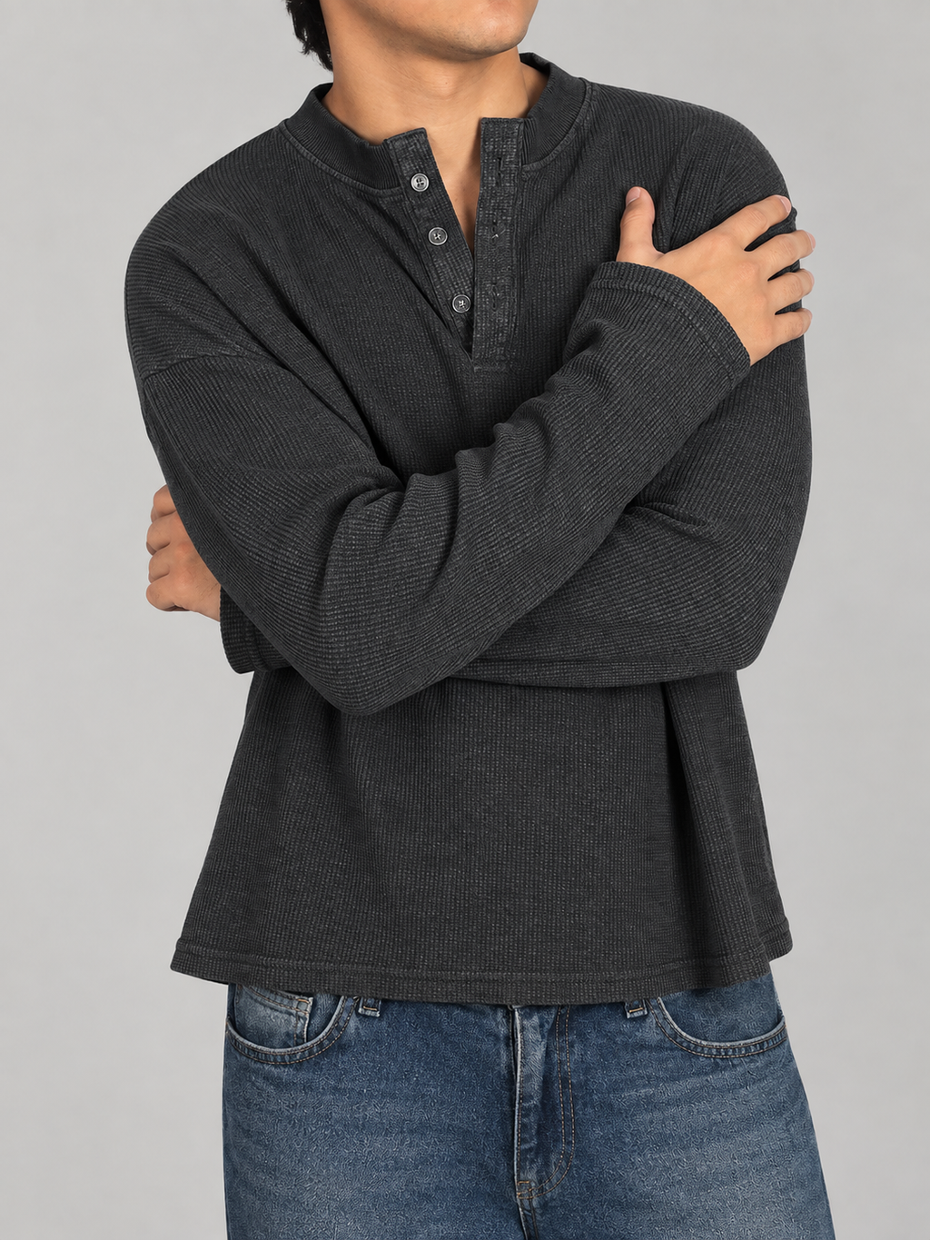 Acid Washed Henley-Dark Grey