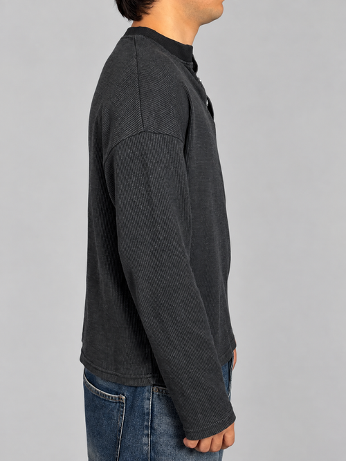Acid Washed Henley-Dark Grey