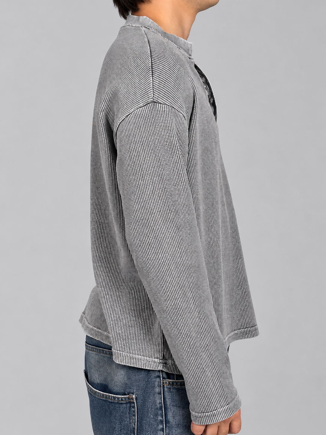 Acid Washed Henley-Light Grey