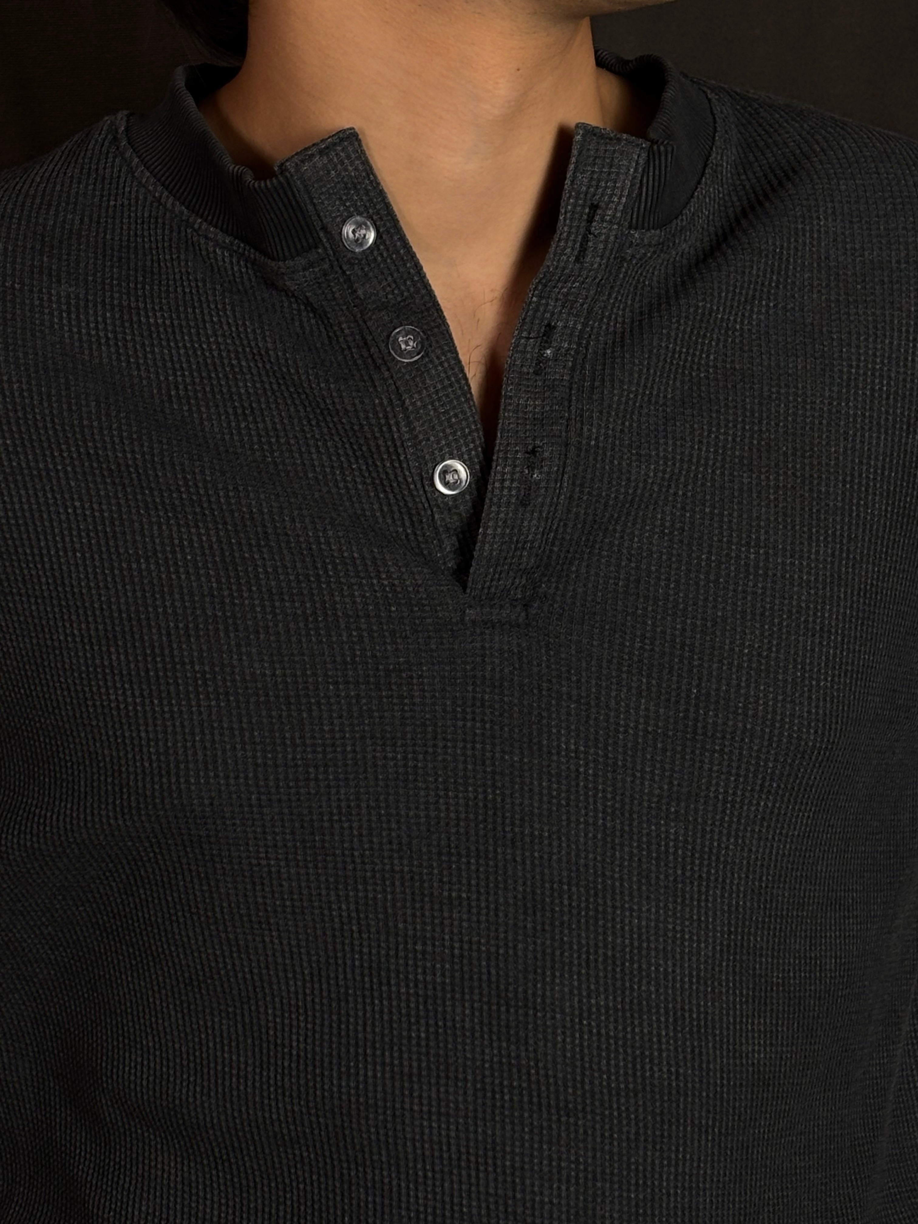 Acid Washed Henley-Dark Grey