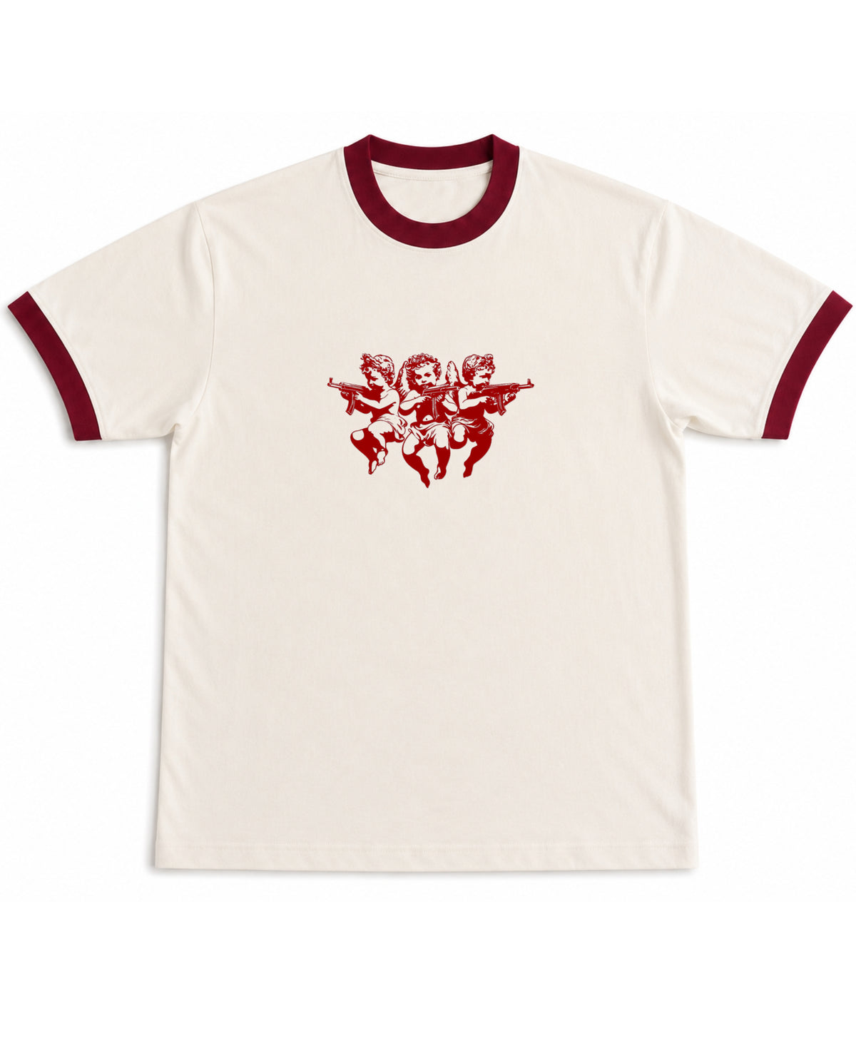 Off White & Maroon Ringer tee Front Design