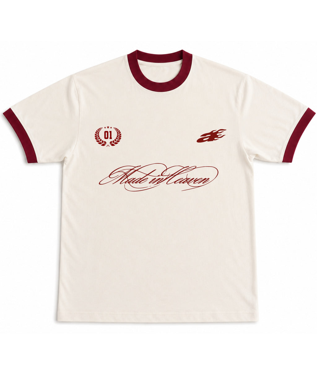 Off White & Maroon Ringer tee Front Design